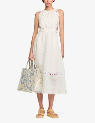 Shop Sandro Women's Naturels Lace-trim Flared-skirt Linen Maxi Dress