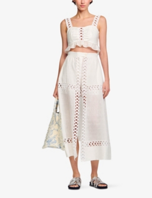 Shop Sandro Womens Naturels Open-embroidered Linen-blend Maxi Skirt