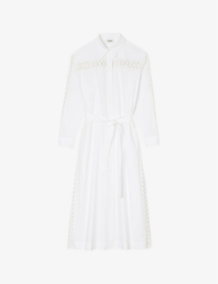 SANDRO: Open-weave embroidered belted cotton midi shirt dress