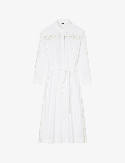 SANDRO: Open-weave embroidered belted cotton midi shirt dress