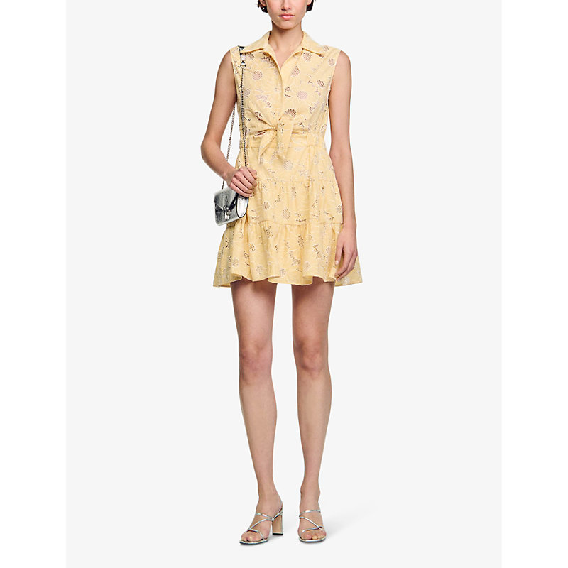 Shop Sandro Womens Jaunes / Oranges Floral-embroidered Woven Mini Dress
