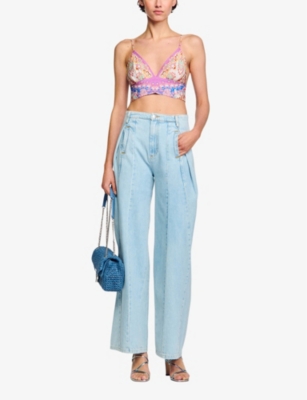 Shop Sandro Women's Bleus Graphic-print Slim-fit Cropped Woven Top