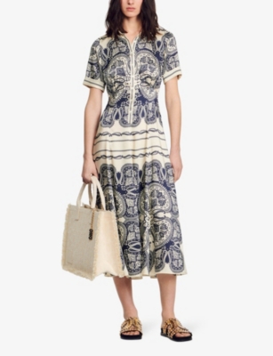 Shop Sandro Women's Naturels Graphic-print Short-sleeve Woven Midi Dress
