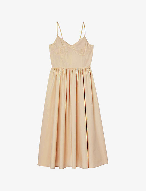 SANDRO: Corset-top flared-skirt stretch-cotton midi dress