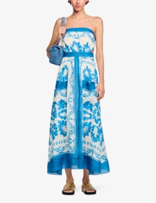 Shop Sandro Women's Bleus Graphic-print Strapless Woven Maxi Dress