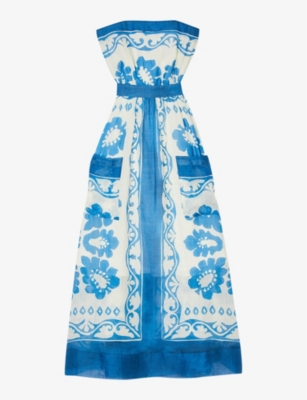 Shop Sandro Womens Bleus Graphic-print Strapless Woven Maxi Dress