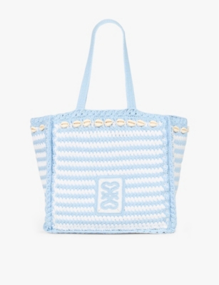 Shop Sandro Women's Bleus Stripe-pattern Woven Tote Bag
