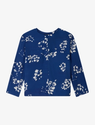 Shop Soeur Womens Bleu/ecru Tunisie Floral-print Long-sleeve Silk Blouse