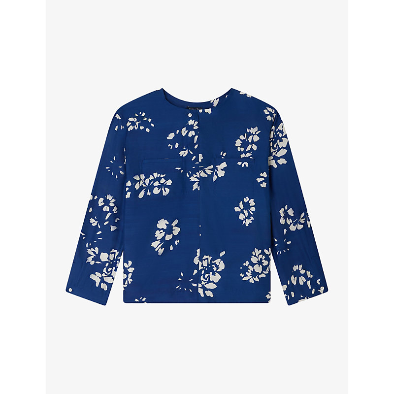 Shop Soeur Tunisie Floral-print Long-sleeve Silk Blouse In Bleu/ecru
