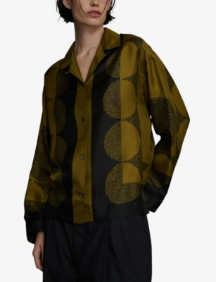 Shop Soeur Women's Kaki/noir Aragon Graphic-print Long-sleeve Silk Shirt