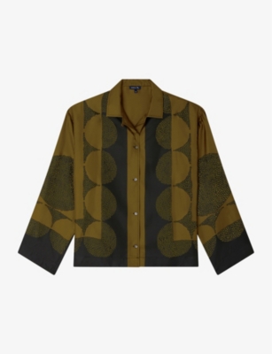 Soeur Aragon Graphic-print Long-sleeve Silk Shirt In Kaki/noir