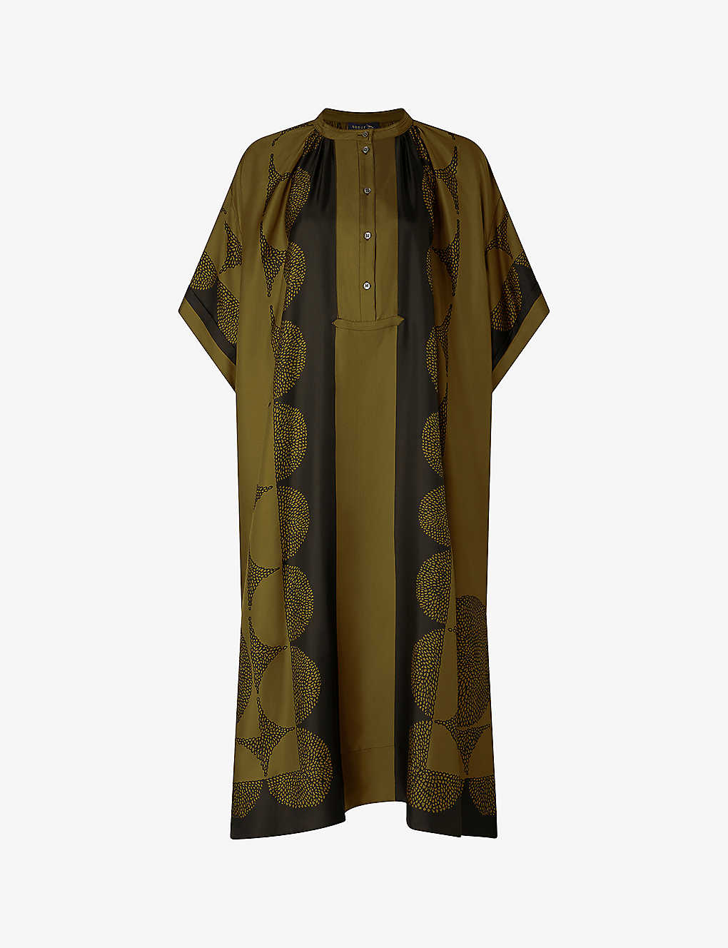 Soeur Athena Graphic-print Silk Midi Dress In Kaki/noir