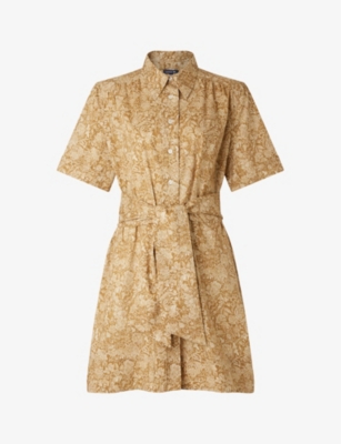 Soeur Maud Floral-pattern Short-sleeve Cotton Mini Dress In Beige/ecru