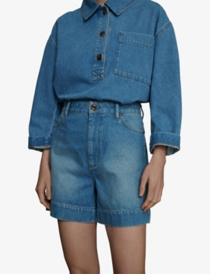 Shop Soeur Aki High-waisted Organic-cotton Denim Shorts In Indigo