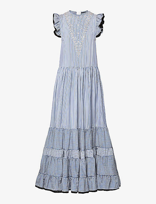 LOUIS VUITTON: Pinstripe tiered silk-blend maxi dress