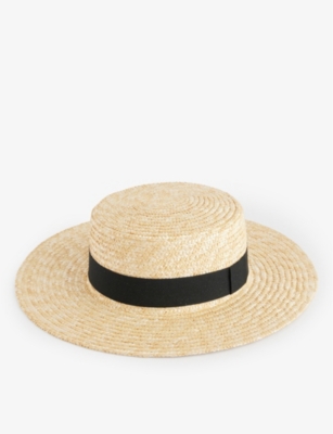 Boutique Bonita Womens Cream With Black Band Boater Ribbon-embellished Straw Hat