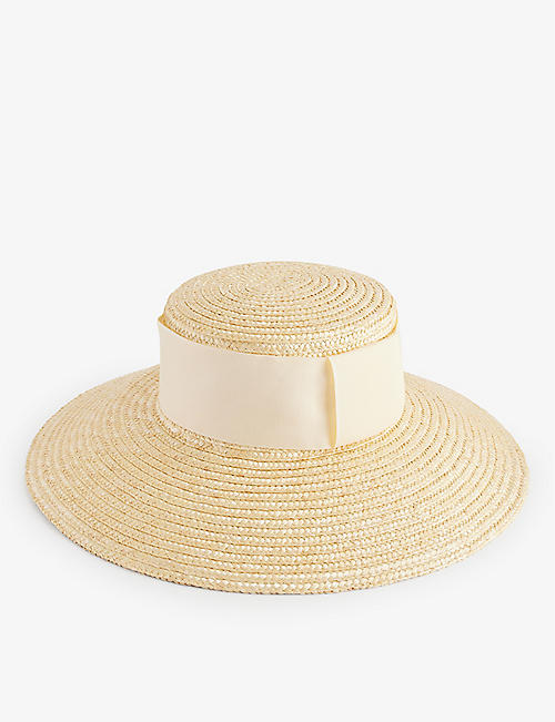 BOUTIQUE BONITA: Boater ribbon-embellished wide-brim straw hat