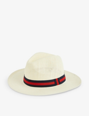 Boutique Bonita Striped Ribbon-embellished Paper Fedora Hat In Navy & Red Stripe Band