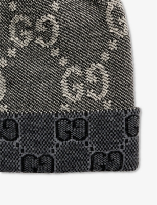 Shop Gucci Men's Black/darkgrey Double G Brand-pattern Wool-knit Beanie Hat