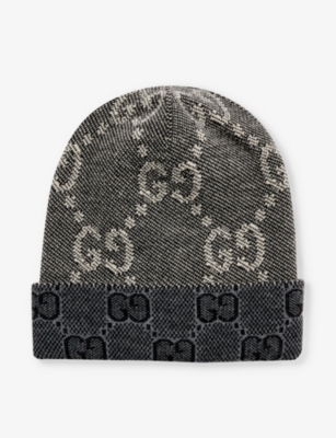 Shop Gucci Men's Black/darkgrey Double G Brand-pattern Wool-knit Beanie Hat