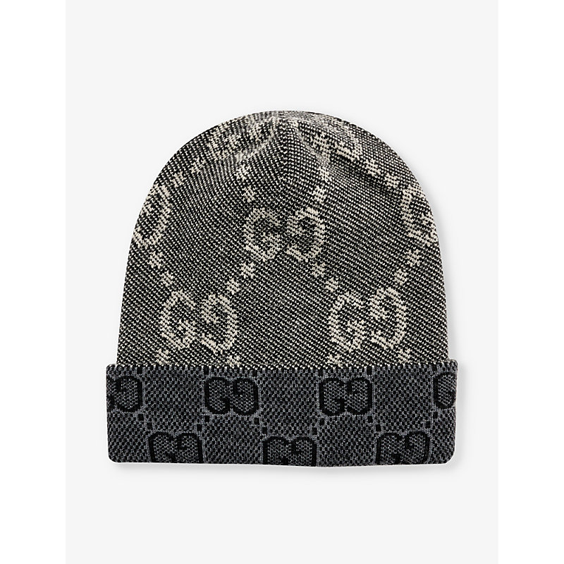 Shop Gucci Mens Black/darkgrey Double G Brand-pattern Wool-knit Beanie Hat