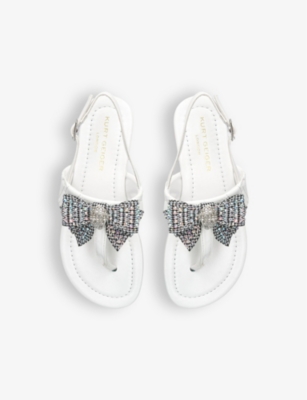 Shop Kurt Geiger White Kids' Mini Kensington T-bar Crystal Bow-embellished Leather Sandal