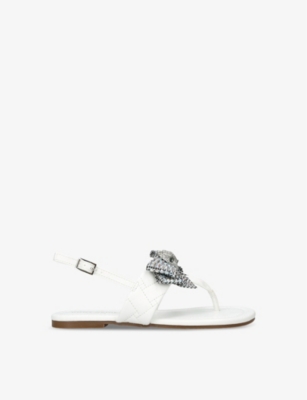 Shop Kurt Geiger White Kids' Mini Kensington T-bar Crystal Bow-embellished Leather Sandal