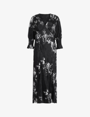 Shop Allsaints Women's Black Hannah Iona Floral-print Woven Midi Dress