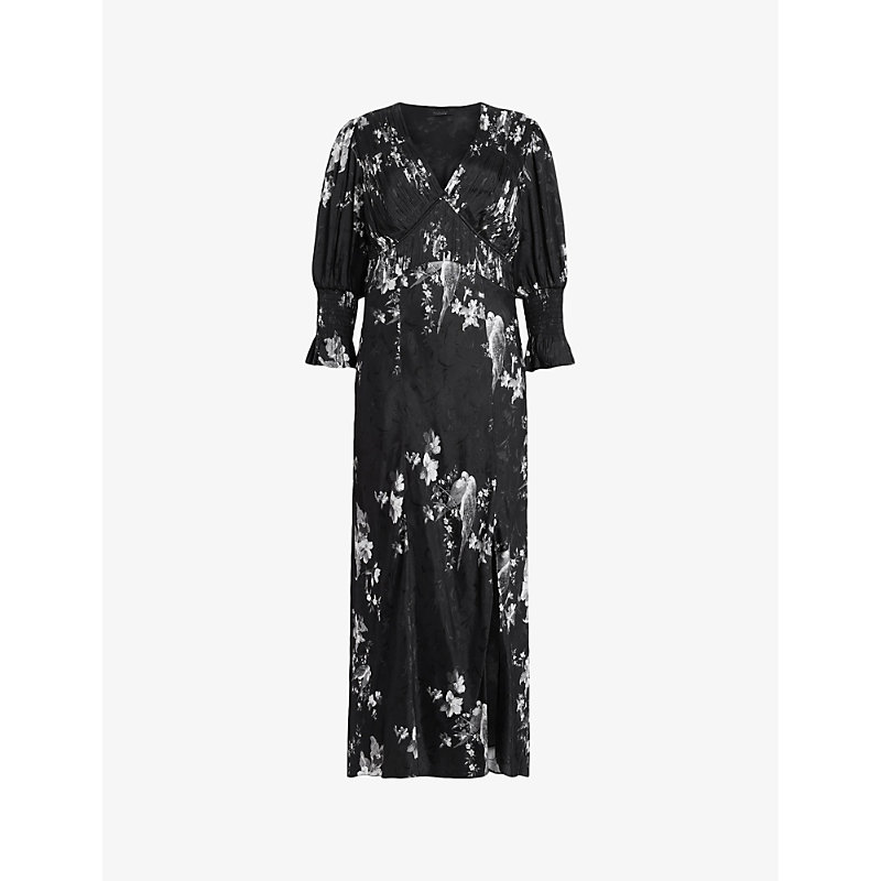 Shop Allsaints Hannah Iona Floral-print Woven Midi Dress In Black