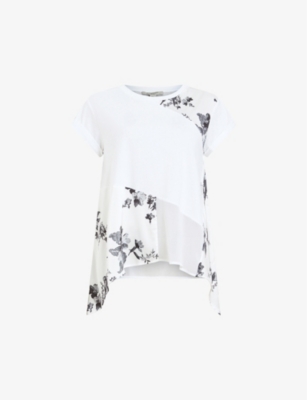 Shop Allsaints Women's White Zala Iona Graphic-print Handkerchief-hem Organic-cotton Top