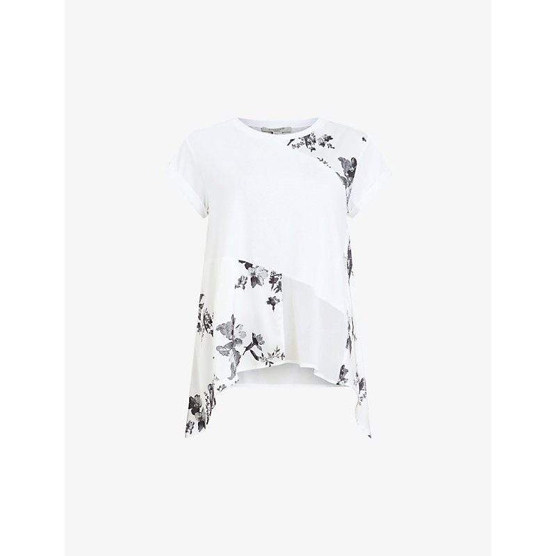Shop Allsaints Womens White Zala Iona Graphic-print Handkerchief-hem Organic-cotton Top