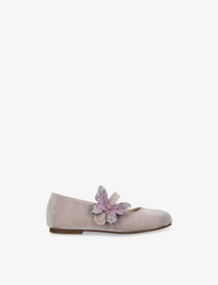 BABYWALKER: Baby Crystal-Butterfly Embellished Velvet Ballerina Pumps