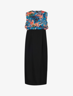 Comme Des Garçons Comme Des Garcons Womens Black X Multi Floral-print Ruched Regular-fit Woven Midi Dress