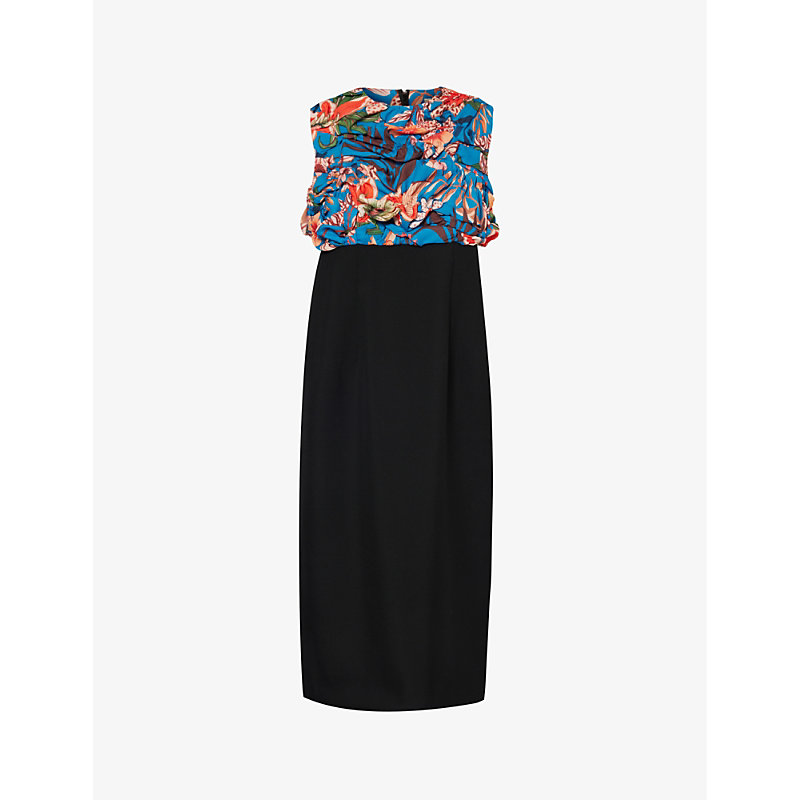 Comme Des Garçons Comme Des Garcons Womens Black X Multi Floral-print Ruched Regular-fit Woven Midi Dress