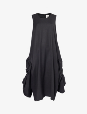 Shop Comme Des Garçons Comme Des Garcons Women's Black Relaxed-fit Draped-side Wool-blend Midi Dress