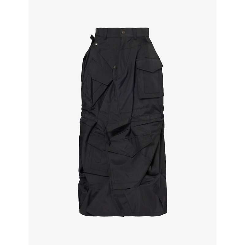 Junya Watanabe Womens Black Patch-pocket High-rise Canvas Midi Skirt