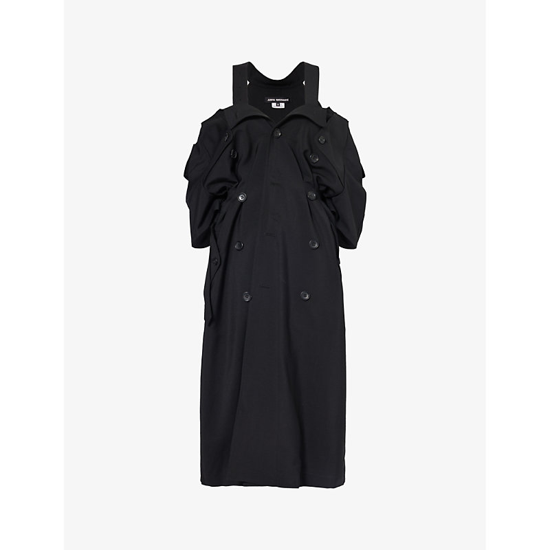 Shop Junya Watanabe Off-the-shoulder Belted-waist Wool-blend Coat In Black