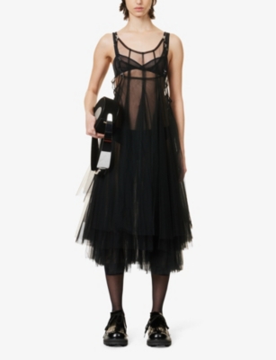 Shop Noir Kei Ninomiya Women's Black Scoop-neck Layered Mesh Midi Dress