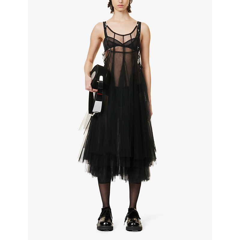 Shop Noir Kei Ninomiya Women's Black Scoop-neck Layered Mesh Midi Dress