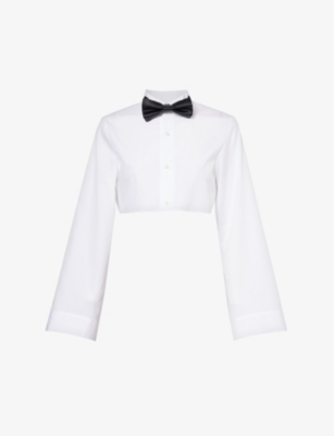 Noir Kei Ninomiya Womens Black X White Long-sleeved Bowtie-embellished Cotton-poplin Shirt In Black X White