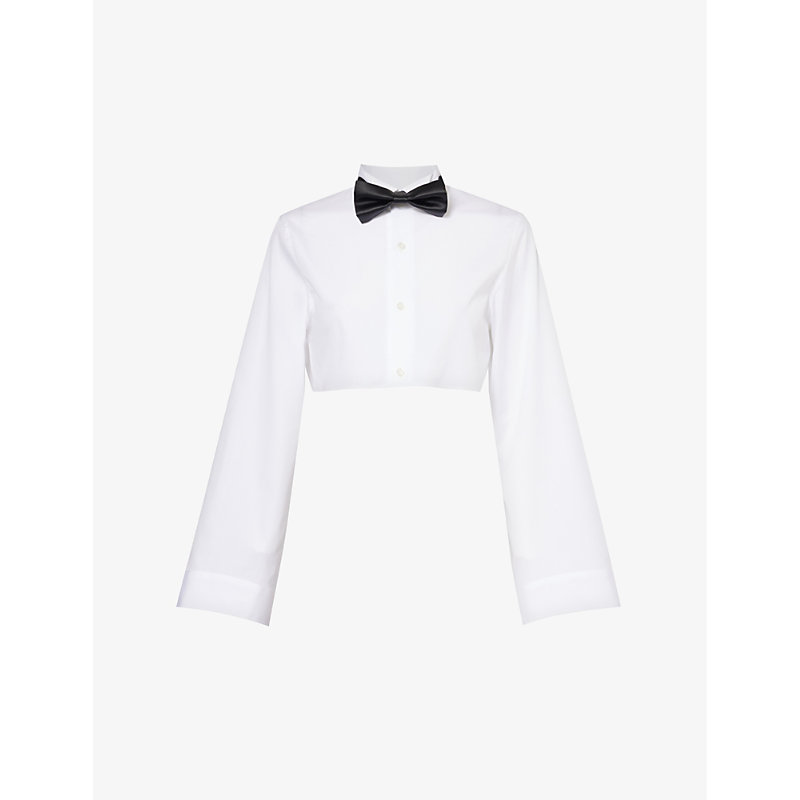 Noir Kei Ninomiya Womens Black X White Long-sleeved Bowtie-embellished Cotton-poplin Shirt In White,black