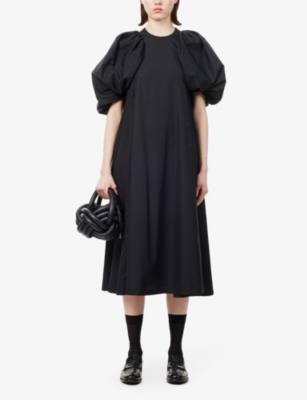 Shop Noir Kei Ninomiya Women's Black Puff-sleeved Flared-hem Cotton-poplin Midi Dress