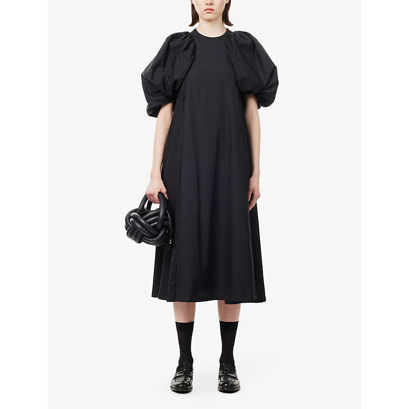 Shop Noir Kei Ninomiya Women's Black Puff-sleeved Flared-hem Cotton-poplin Midi Dress