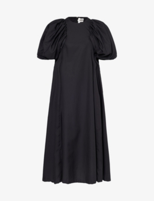 Noir Kei Ninomiya Womens Black Puff-sleeved Flared-hem Cotton-poplin Midi Dress In Black