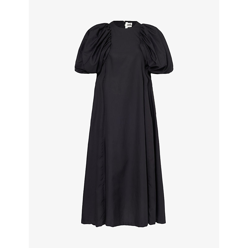 Shop Noir Kei Ninomiya Puff-sleeved Flared-hem Cotton-poplin In Black