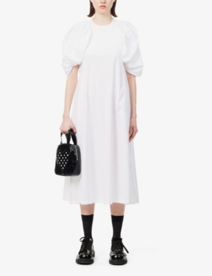 Shop Noir Kei Ninomiya Women's White Puff-sleeved Flared-hem Cotton-poplin Midi Dress