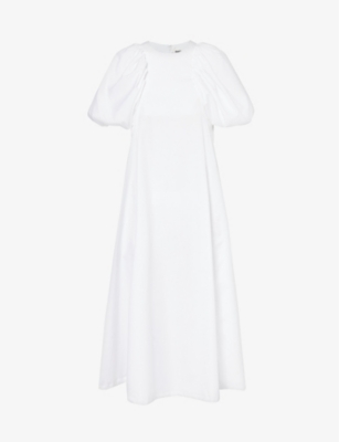 Noir Kei Ninomiya Womens White Puff-sleeved Flared-hem Cotton-poplin Midi Dress