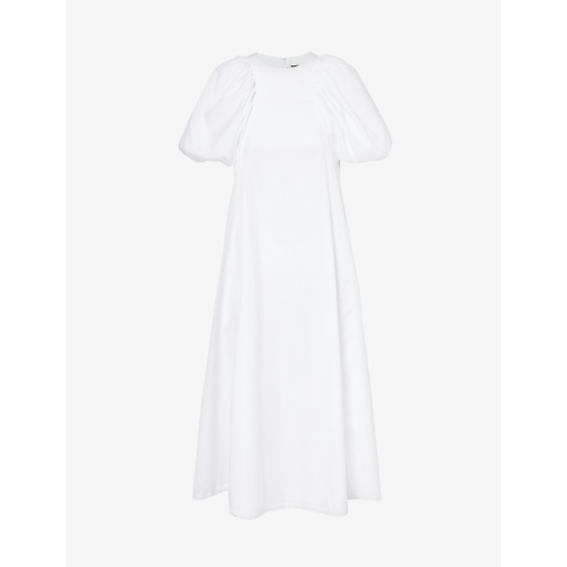 Noir Kei Ninomiya Womens White Puff-sleeved Flared-hem Cotton-poplin Midi Dress