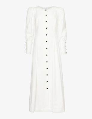 reformation halia long sleeve button front midi dress REFORMATION - Halia puffed-sleeve stretch organic-cotton midi dress