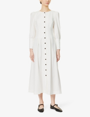 Shop Reformation Women's White Halia Puffed-sleeve Stretch Organic-cotton Midi Dress